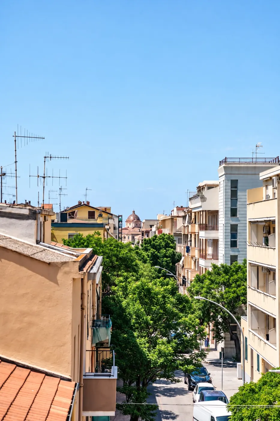 La vista dal balcone sulla via alberata e sulla cupola di San Michele