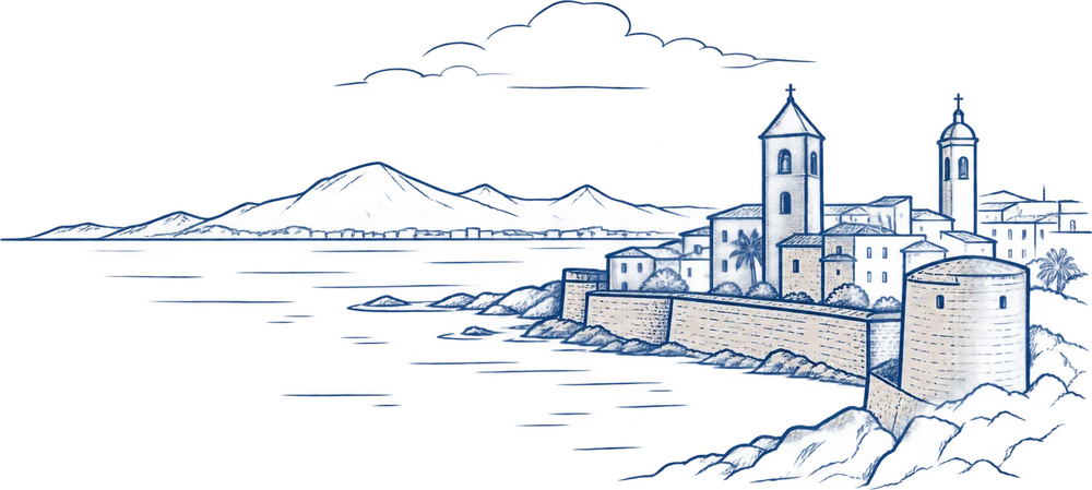Disegno a tratto del centro storico di Alghero sul mare, con i campanili e i bastioni